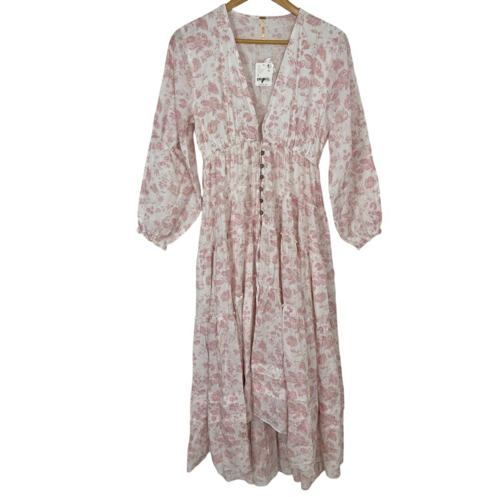 Free People NEW Pappiet Midi Dress Ivory Pink Med Floral Boho READ Cottagecore - Picture 2 of 15